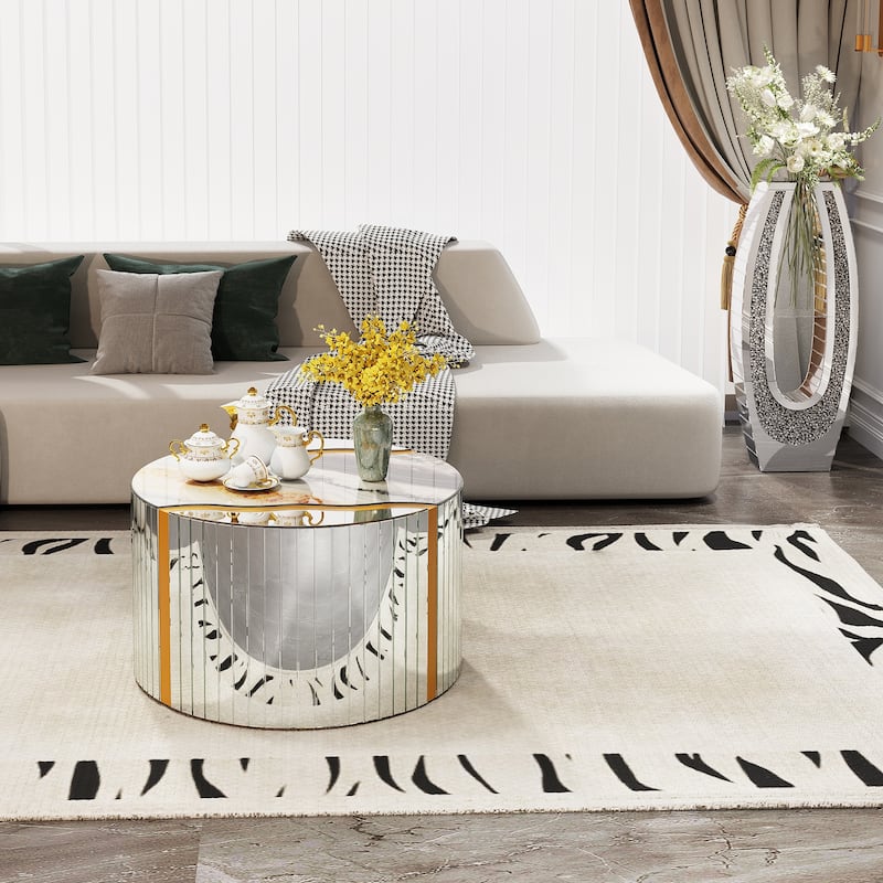 Marble pattern sticker Round Coffee Table, Cylindrical Silver Mirror with Gold Dust Finish, Modern Home Decor Table