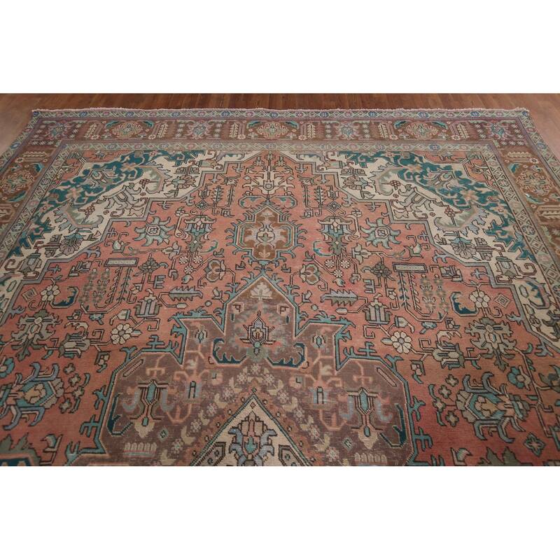 Tabriz Vintage Persian Rug Hand-Knotted Pink Geometric Wool Carpet - 9'9" x 13'4"