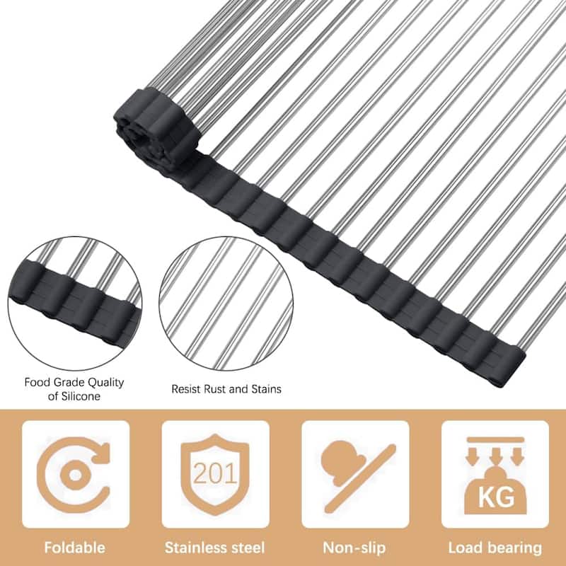 CB HOME 18'' X 13'' Multipurpose Stainless Steel Roll Up Drying Rack, Multifunction Kitchen Sink Roll Up Drying Rack