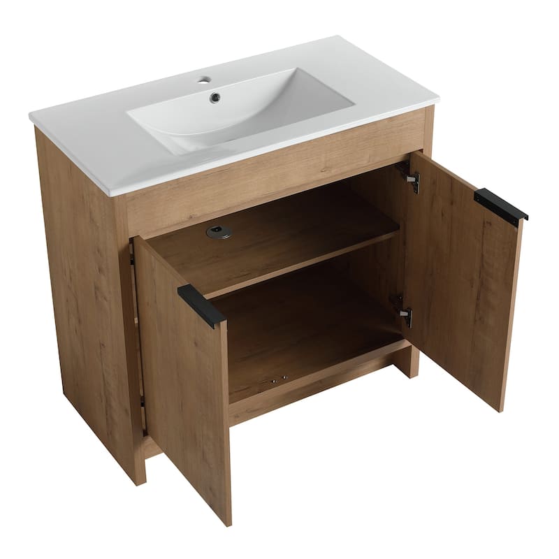 36 Inch Plywood Freestanding Bathroom Vanity Set with Integrated Ceramic Basin and Doors