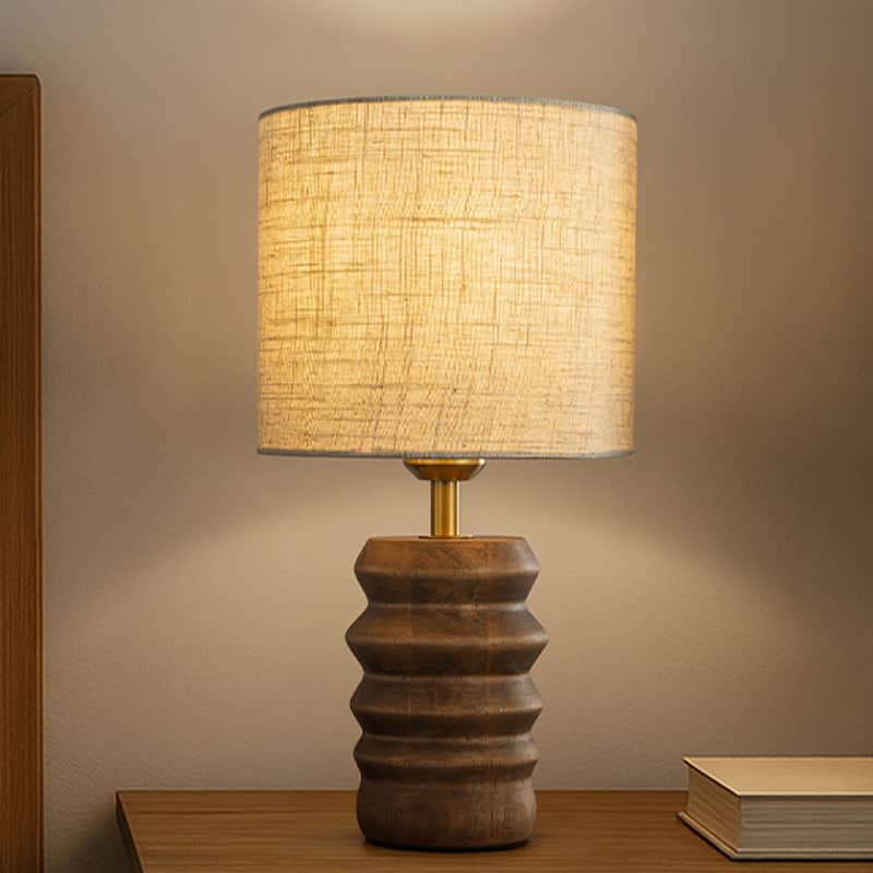 15'' Japandi Solid Wood Base Table Lamp Modern Classic Nightstand Lamp with Beige Fabric Shade for Bedside Foyer Dining Room