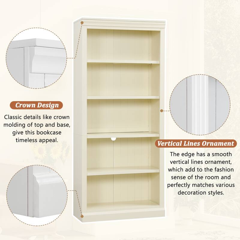 83.4" Tall Wood Bookcase with light strip,5-Tier Decor Bookshelves with Adjustable Shelves,Free Standing Storage Shelves