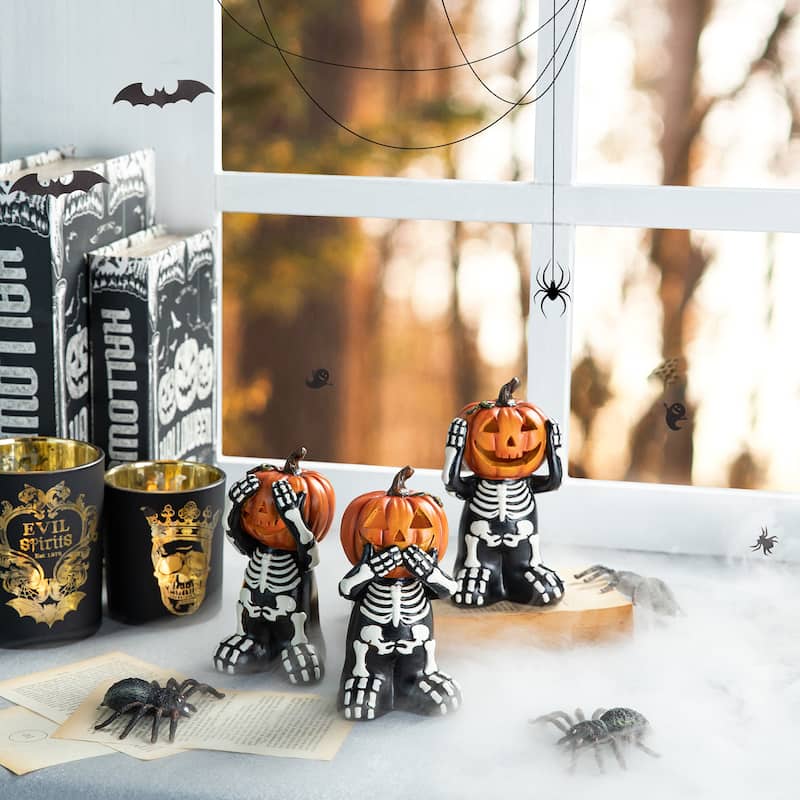 Glitzhome 5.75"H Set of 3 Halloween Resin Skeleton Pumpkin Table Decor - Black