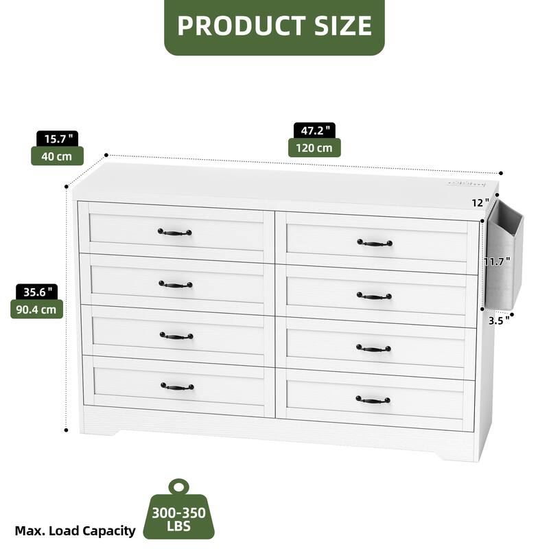 Vintage Double Dresser Chest of Drawers with Charging Station and Side Organizer Bag