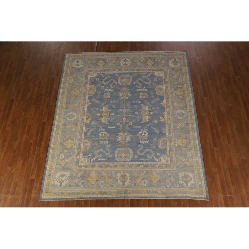 Hand Knotted Oriental 100% Wool Carpet Transitional All-Over Navy Blue & Blues Oushak Area Rug - 9' 9'' X 8' 2''