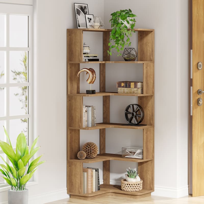 6-Tier Corner Book Shelf, 64.9"Tall Freestanding Wood Industrial Bookcase Bookshelf