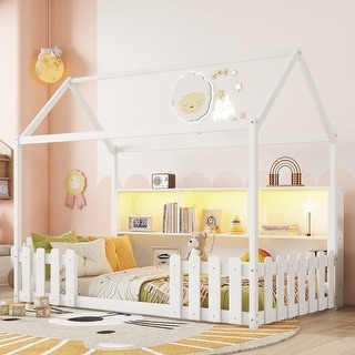 Twin Size Wood House Bed with LED Light, Storage Bookshelf and Guardrails