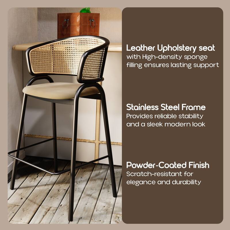 LeisureMod Ervilla Modern Wicker Leather Bar Stool with Curved Back & Stainless Steel Frame for Home & Kitchen