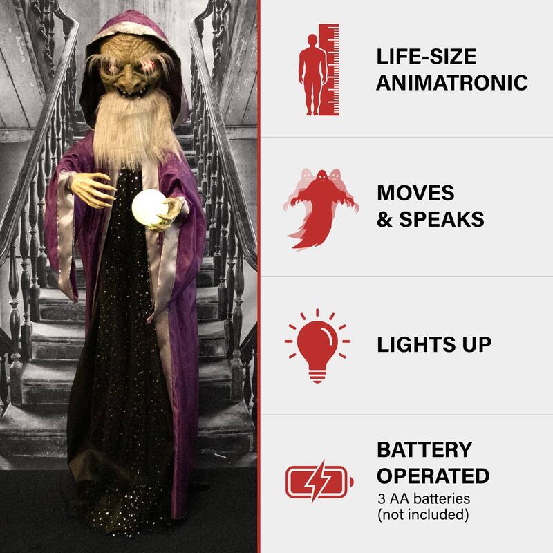 Haunted Hill Farm The Great Zoltan Animatronic Talking Wizard with Movement and Light-Up Crystal Ball for Halloween Decoration