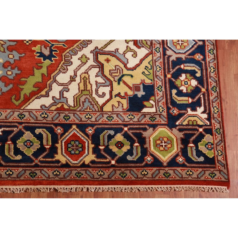 Geometric Orange Heriz Serapi Oriental Rug Hand-Knotted Wool Carpet - 9'0" x 11'10"