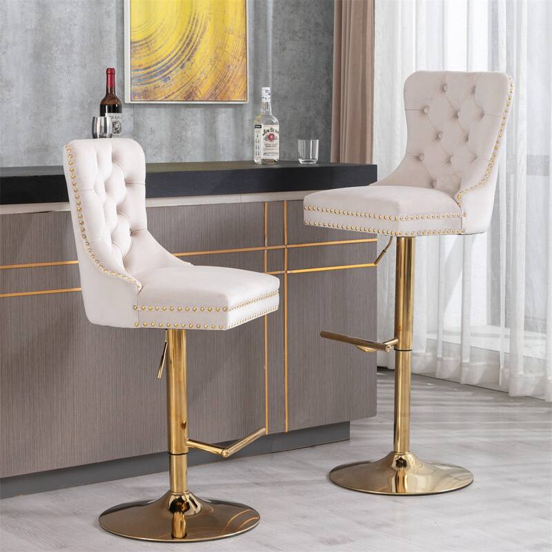 2 Piece Adjustable Swivel Velvet Upholstered Barstools with Metal Base