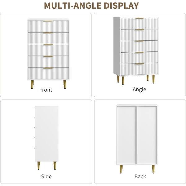 dimension image slide 13 of 15, Modern Natural Wood Color Fluted Dresser, Wooden Chest with Gold Metal Handles & Legs