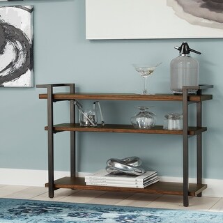 Natural Solid Wood and Metal Console Table with Shelves