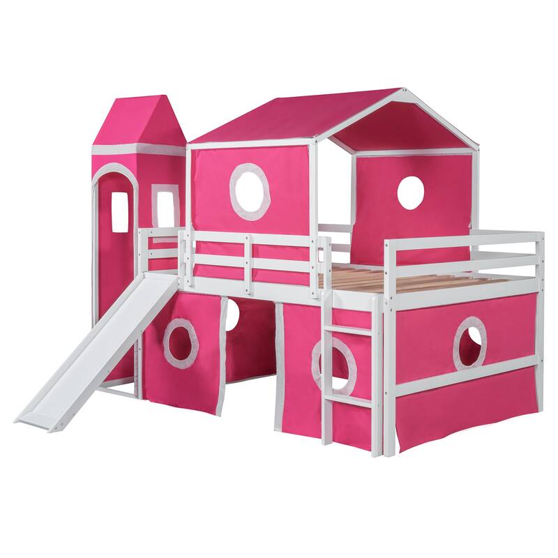 Roomfitters Full Size Loft Bed with Slide, Pink Tent and Decorative Tower, Playful Sleeping Platform, Pink