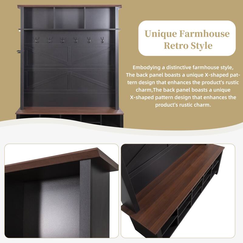 Versatile Farmhouse Entryway Organizer – 6-Hook Walnut Bench with Adjustable Shelves & 16-Compartment Shoe Storage