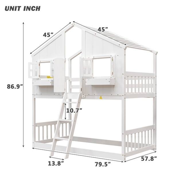 dimension image slide 1 of 4, Twin over Twin House Bunk Bed with Roof , Window, Window Box, Door , with Safety Guardrails and Ladder,