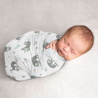 Blue Jungle Sloth Collection Boy or Girl Baby Swaddle Receiving Blanket - Turquoise, Grey and Green Botanical Rainforest Leaf