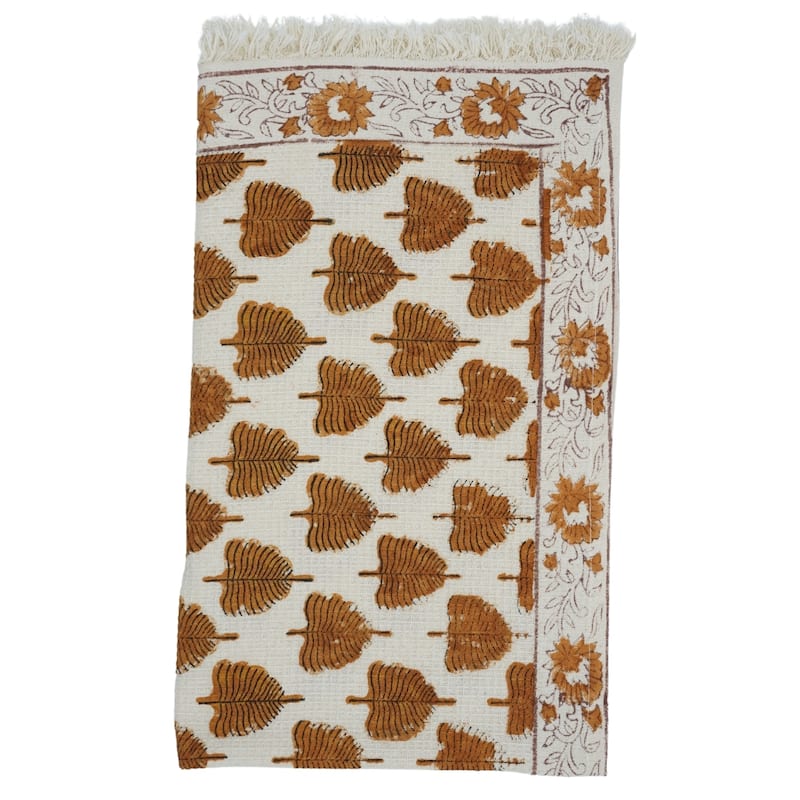Fabdivine Honeycomb or Waffle Weave Hand Block Floral Print Hand Towel, Kitchen Gift Use