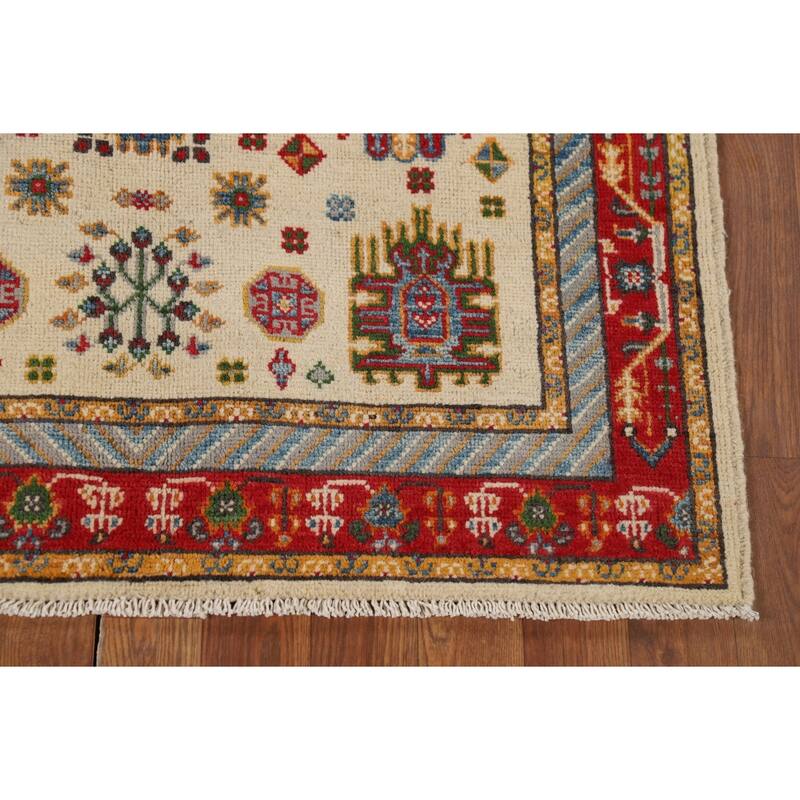 Traditional Kazak Foyer Rug Handmade Beige Geometric Wool Carpet - 3'4" x 4'11"