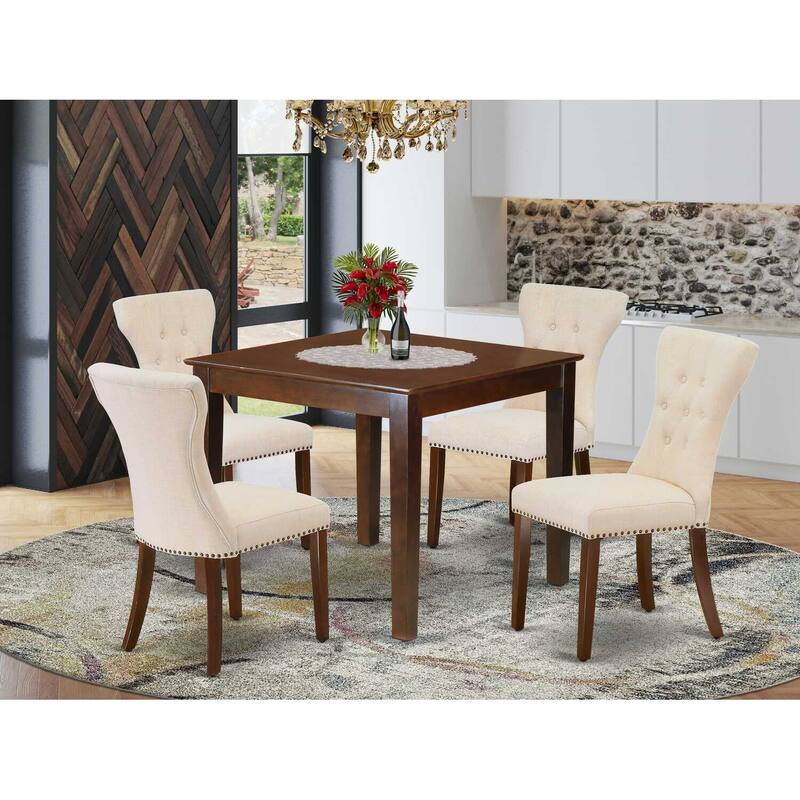 HomeStock 5-Piece Rectangle Mahogany Finish Solid Wood Top Dining Table with 4-Parson Chair
