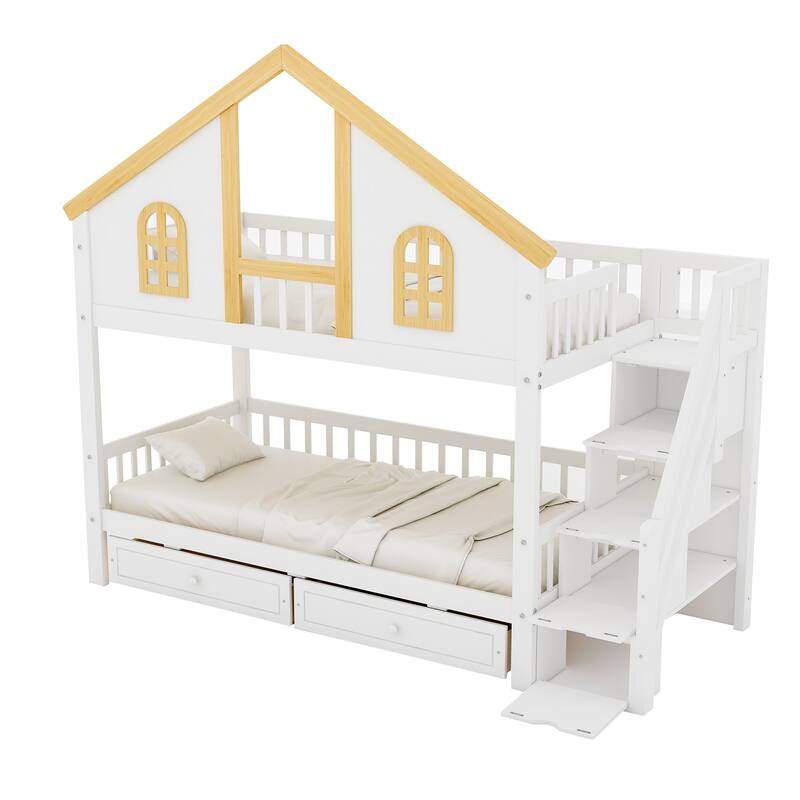 Fairytale Bunk Bed with Window Door House-shaped Roof Frame and Storage Staircase, Optional with Storage Drawers or Trundle Bed
