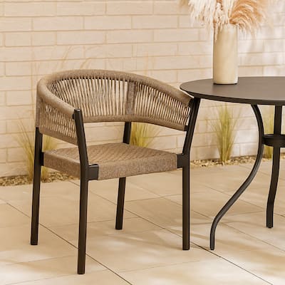 Roi Patio Dining Chair Set of 2, Truffle Rope Woven, Dark Eucalyptus Wood