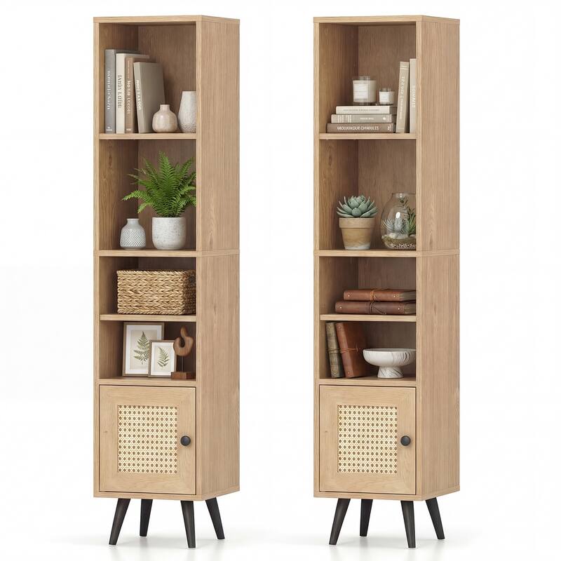 Gymax 2PCS 6-Tier Tall Narrow Bookcase w/Adjustable Shelf & Boho Style - Natural