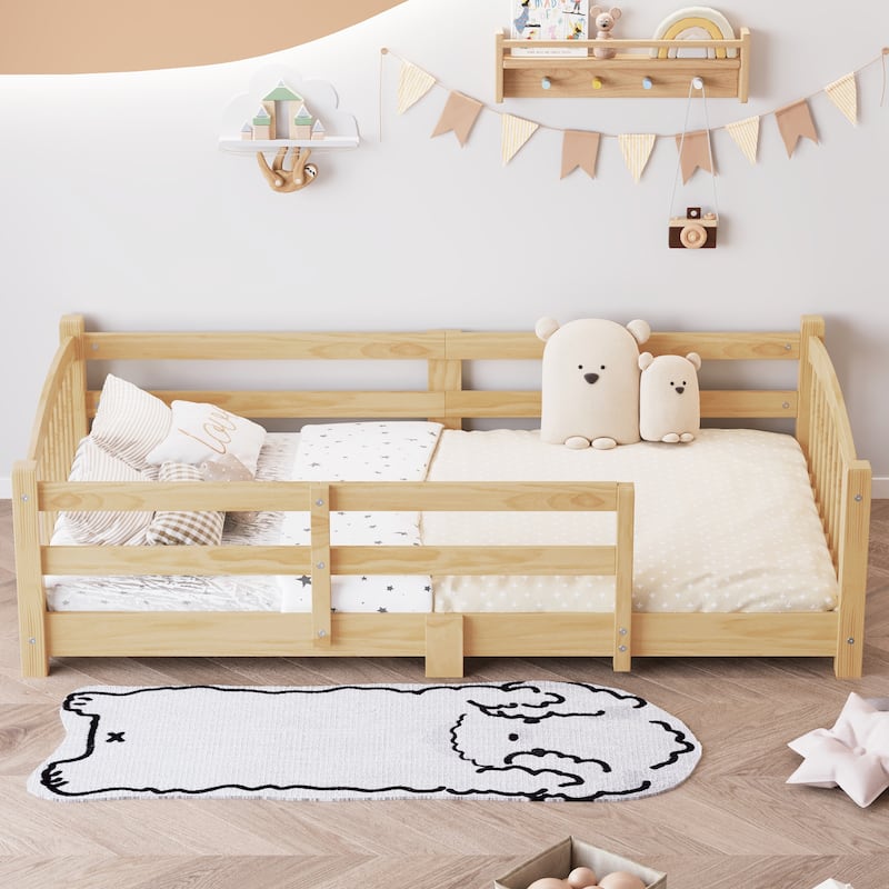 Solid Wood Floor Bed Montessori Bed with Safety Guardrails Without Door