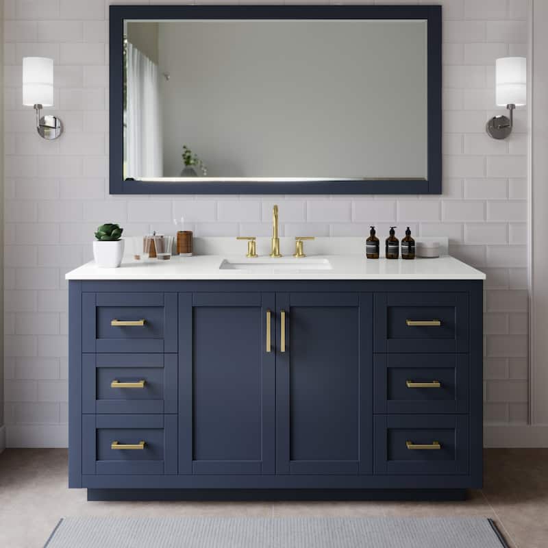 Wyndham Collection WCF292966S-QTZ-US3MXX Miranda 66" Free Standing - Dark Blue / White Quartz Top / Brushed Gold