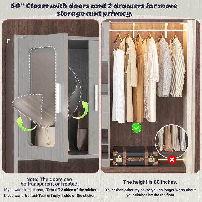 Rackcog Closet System with Doors and Drawers, Storage Organizer with DIY Shelving for Walk-in Closet