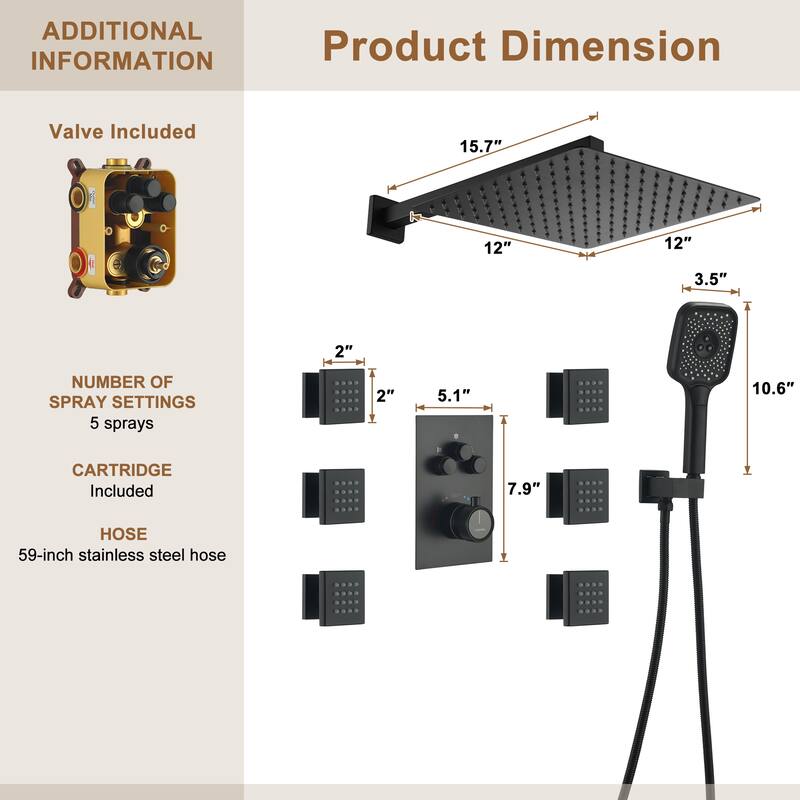 Wall Mount 12 Inch Rainfall Shower Head 3 Function Thermostatic Shower System with 6 Body Jets