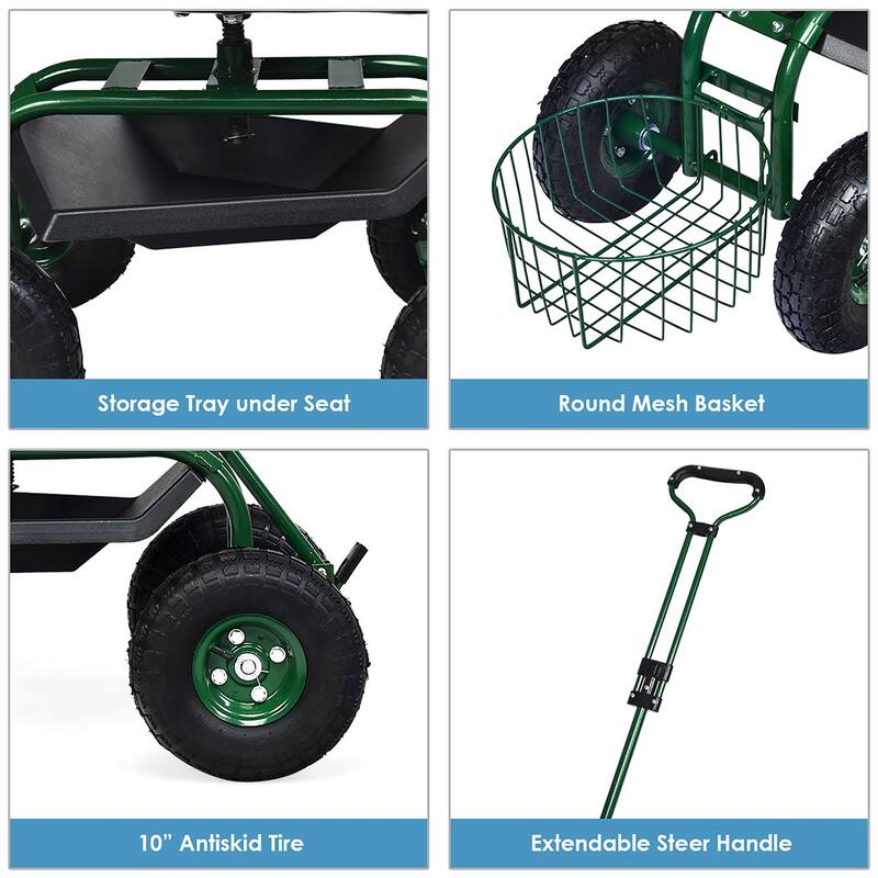 Costway Garden Cart Patio Wagon Roll Work Seat with Tray Basket - See Details