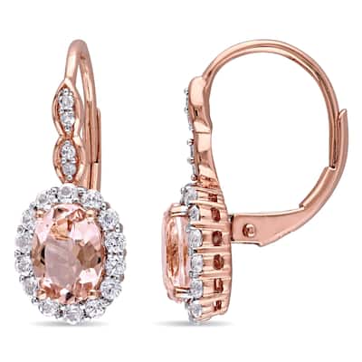 Miadora 14k Rose Gold Oval-cut Morganite White Topaz and Diamond Accent Halo Leverback Earrings - Pink