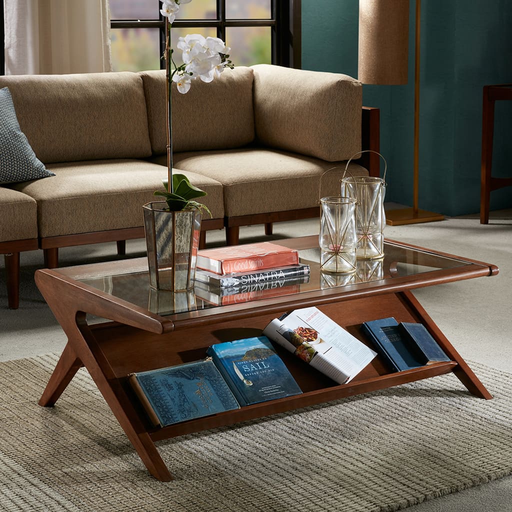 Roomfitters 44-Inch Rectangular Coffee Table, Tempered Glass Top with Angular Magazine Shelf, Pecan Finish