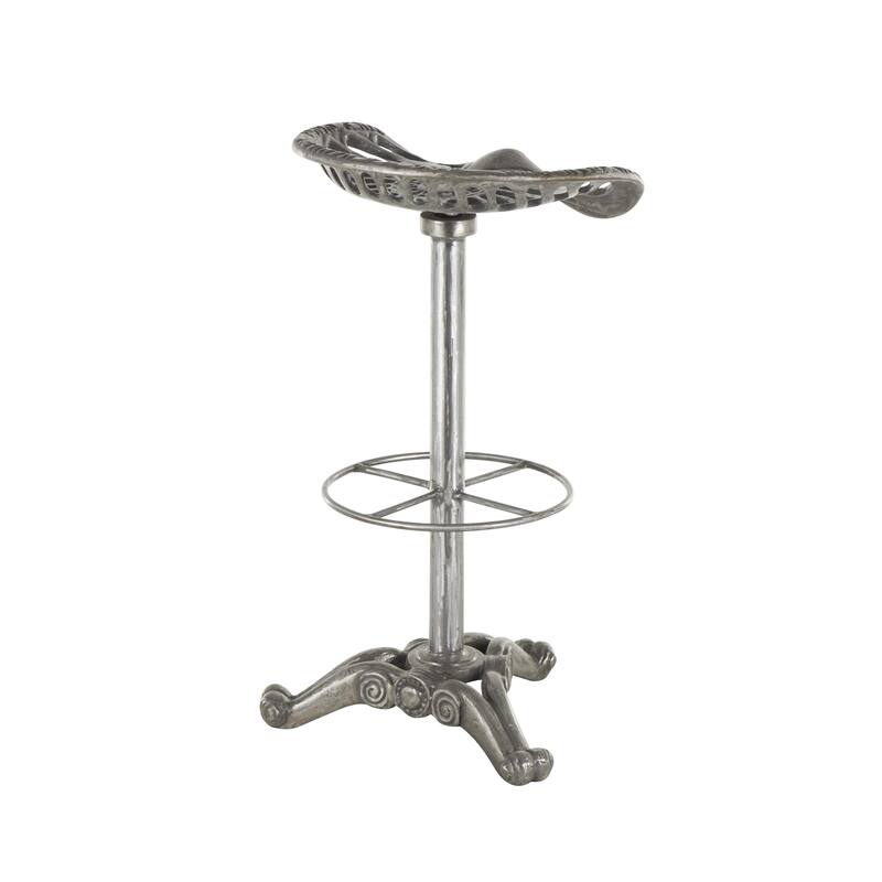 Silver Metal Weathered Antique Cast Iron Scroll Bar Stool with Cutout Textured Seat and Footrest - 17"W x 17"L x 31"H