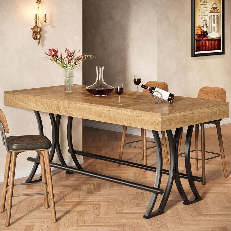 63" Tall Bar Pub Table with Metal Footrest, Rectangular Counter Height Kitchen Dining Table, Industrial Home Bar Unit