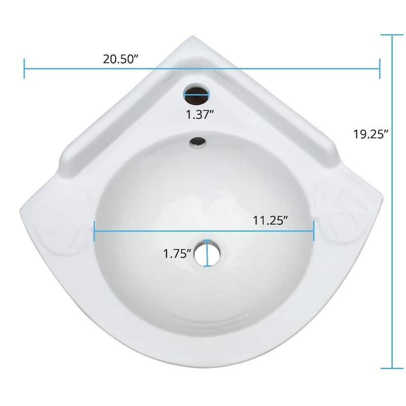 White Ceramic Corner Wall Mount Bathroom Sink Mountain Pond 20.5" with Overflow and Backsplash Renovators Supply