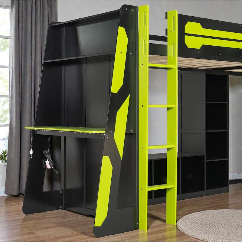 L-Shaped Twin Gaming Bed Frame with RGB LED Lights, USB Ports, TV Stand, Storage Shelves & Reversible Loft Design