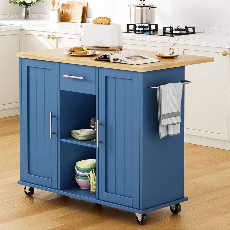 Rolling Kitchen Island Cart with Open Shelf & Drop Countertop - N/A - Blue