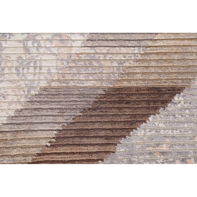 Beige Striped Modern Indian Area Rug Handmade Wool Carpet - 6'6"x 9'1"