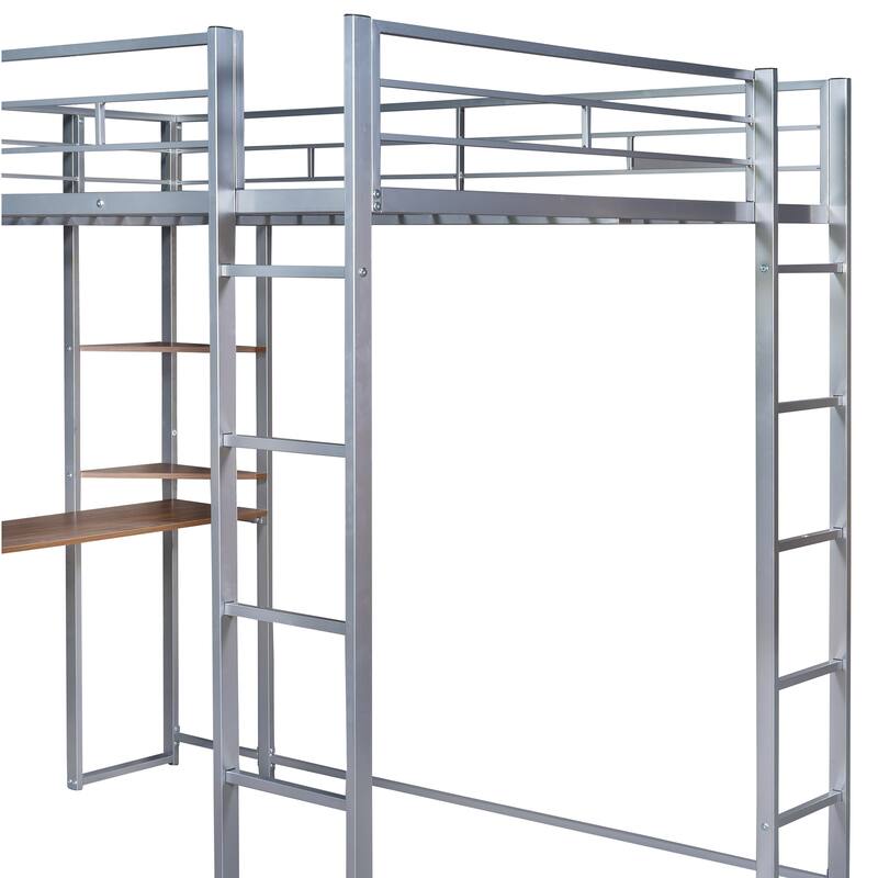 Full Size Metal Loft Bed with 2 Shelves and Desk, Silver