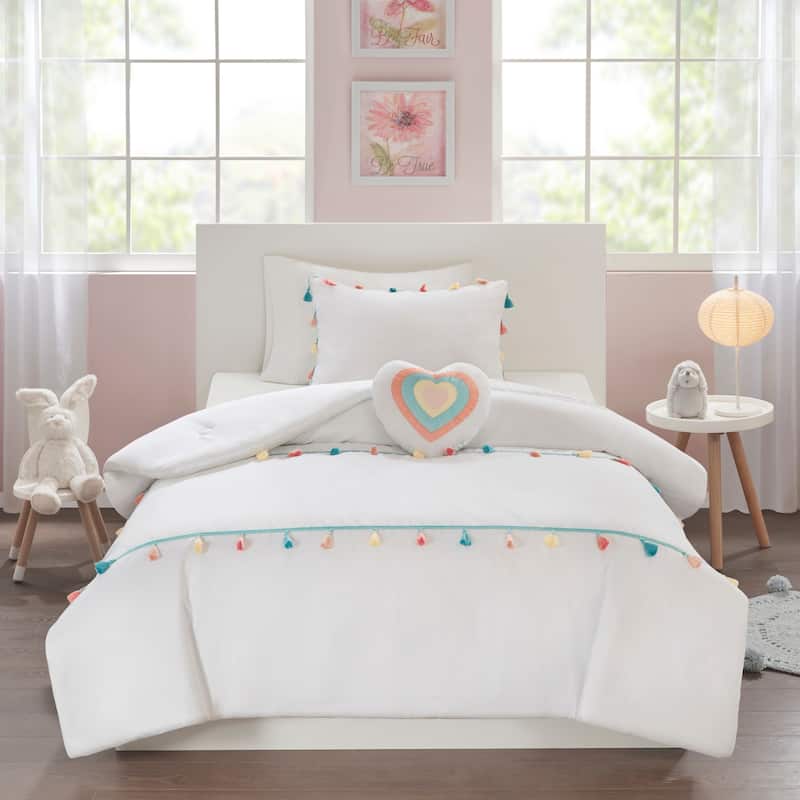 Intelligent Design Kids Tanya Tassel Comforter Set with Heart Shaped Throw Pillow - White - Twin