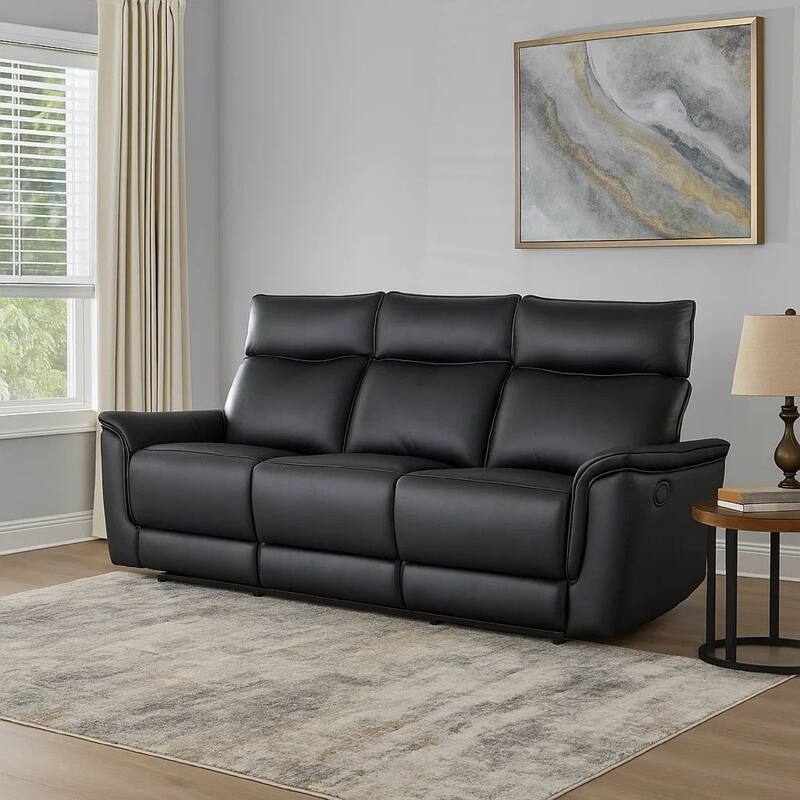 Lenne Sofa, Black Faux Leather, Manual Reclining Mechanism, 86 Inch