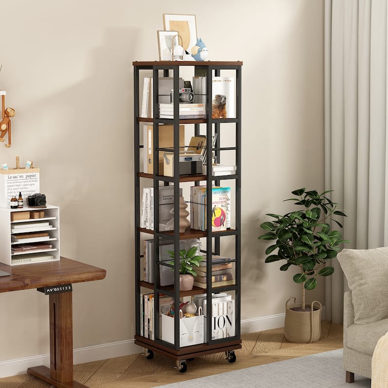 Anmytek 360 Rotating Corner Bookshelf with Wheels Space Saving Storage for Small Rooms