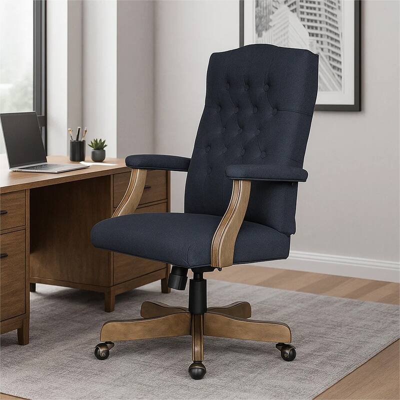 Jake Executive Armchair with Driftwood Finish, Navy Blue Tufted Linen