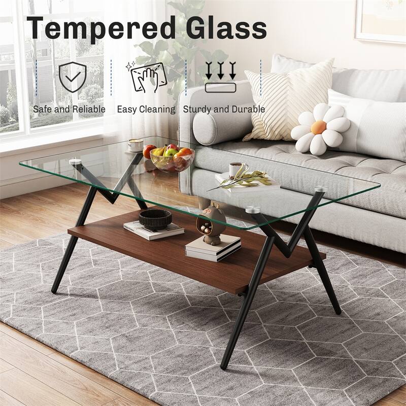 Modern Rectangle Coffee Table with Tempered Glass top and Metal Legs