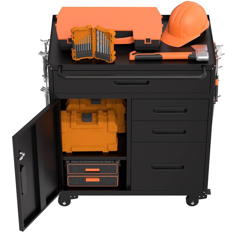 34.3" Mobile Tool Storage Cabinet - Garage Organizer with Lockable Compartment & 4 Drawers, Rolling Steel Chest
