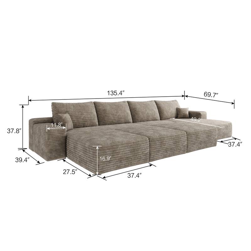 Oversized Modular Sleeper Sofa Bed Floor Standing Sectional Couch Corduroy Upholstered Compression Sofa with Chaise and Ottomans