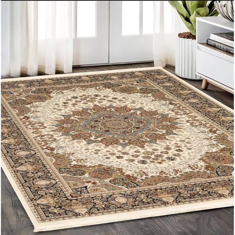 HomeRootsMedallion Traditional Rectangle Area Rug - 90.55' X '62.99' X '0.16 - Black/Tan/Ivory