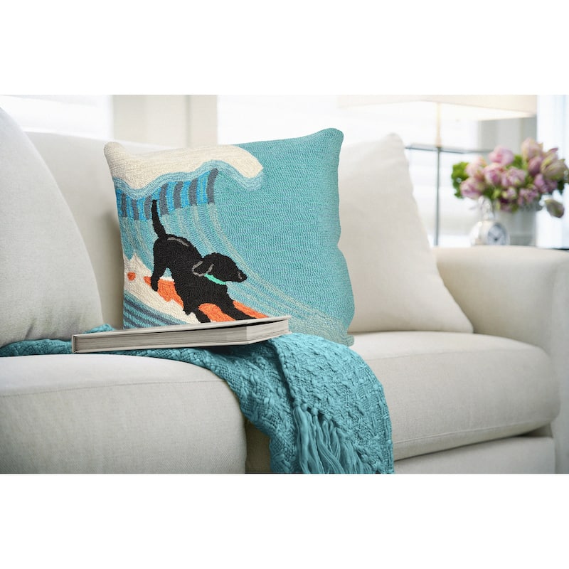 Liora Manne Frontporch Surfing Dog Indoor/Outdoor Pillow Ocean 18" Square - Accent - 18" x 18" - Polyester - Ocean
